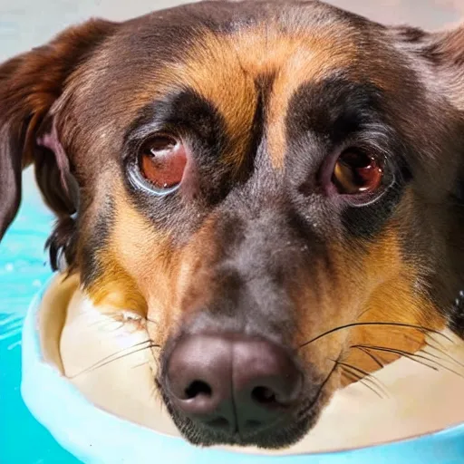 Prompt: photo of dog swimming inside tub of chocolate pudding