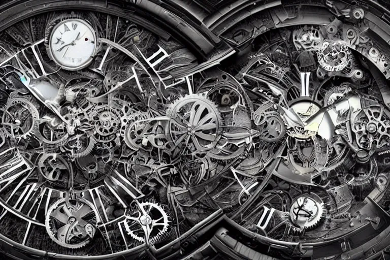 Image similar to A endless dimension of clocks, gears and other mechanical mechanisms, epic landscape shot, panorama