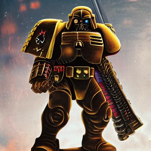 Prompt: space marine from warhammer 40000 in the style of the meaning of life, realism, against the background of the battlefield, depth of field, focus on darth vader,