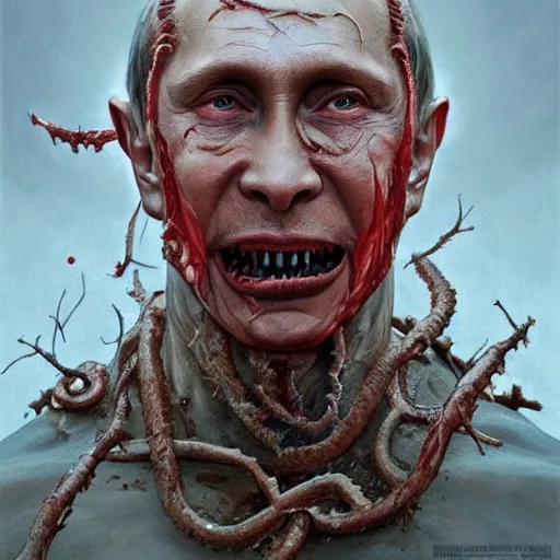 Image similar to a portrait of vladimir putin's, flesh eating worms, macabre, horror saw teeth, horror rotten teeth, peeling face skin, by donato giancola and greg rutkowski and wayne barlow and zdzisław beksinski, realistic face, visible face, digital art, artstation, symmetry