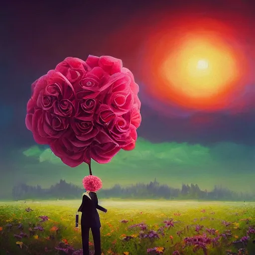 Image similar to giant rose flower head, frontal, girl in a suit, surreal photography, sunrise, dramatic light, impressionist painting, digital painting, artstation, simon stalenhag