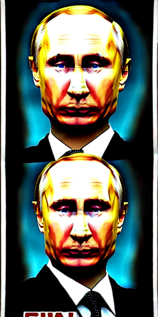 Prompt: facial portrait of putin is a monster, movie poster in the style of ( ( ( ( drew struzan ) ) ) )