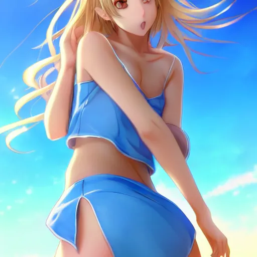 Image similar to a very beautiful anime cute girl, full body, long wavy blond hair, sky blue eyes, full round face, short smile,golden bikini, miniskirt, front view, medium shot, mid-shot, highly detailed, cinematic wallpaper by Stanley Artgerm Lau