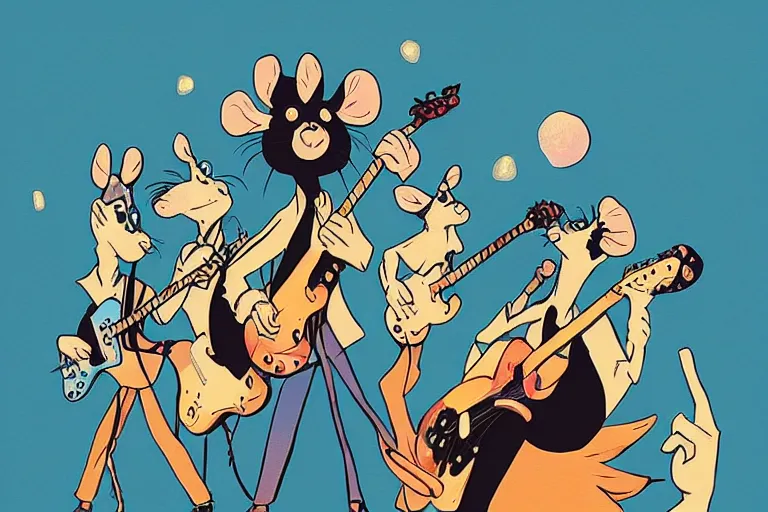 Prompt: rats playing in a rock band inspired by the beatles, art style by disney, studio ghibli, pixar, intricated, beautiful, dreamlike, 7 0 s pallete, high quality, trending on artstation