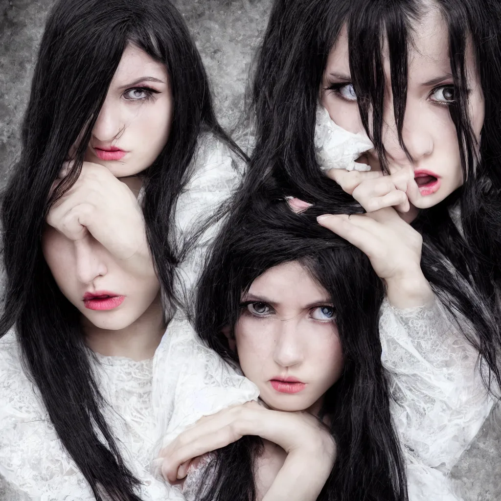 Image similar to A 20 years old Paludnitsa crying. Long black hair, perfect face, beautiful dark eyes, white dress, menacing, smooth, sharp focus, vivid colors, highly detailed, digital art, 4k, medium shot.