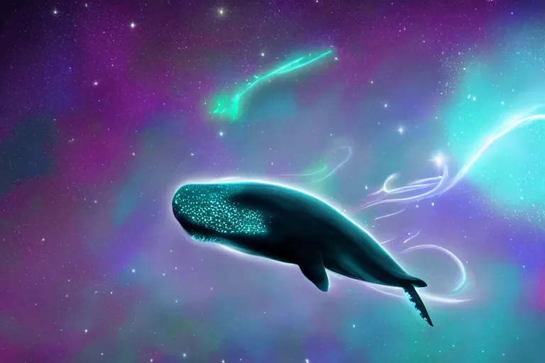 Image similar to a bioluminescent whale jumping through a space nebula leaving stardust trails behind, digital art, photorealistic