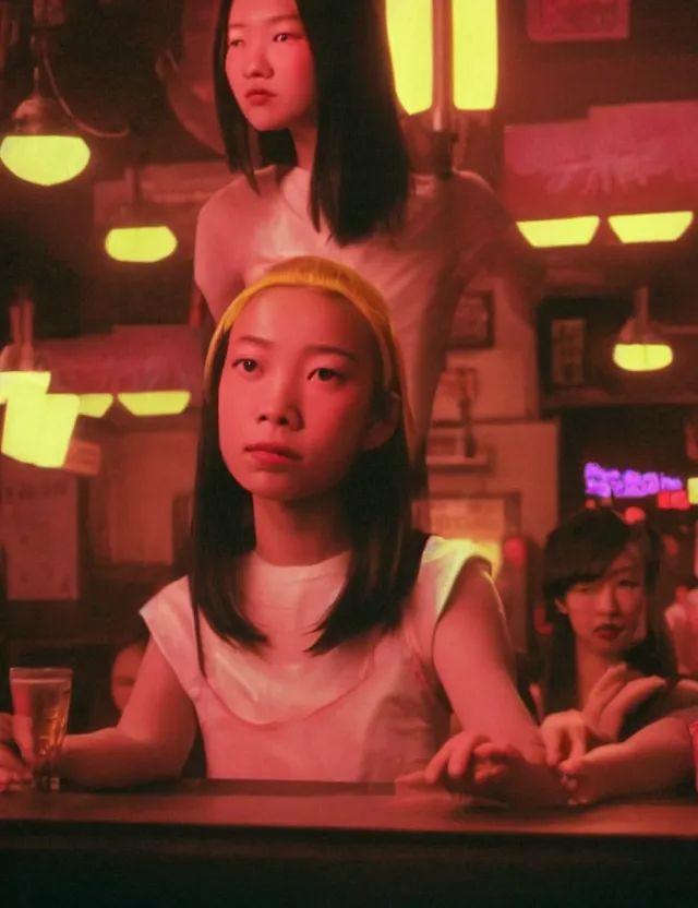 Image similar to asian school girl in a bar, neon light, wide angle coloured polaroid photograph with flash, kodak film stock, hyper real, stunning moody cinematography, with anamorphic lenses, by maripol, fallen angels by wong kar - wai, style of suspiria and neon demon, detailed