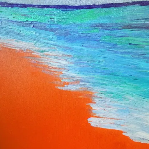 Image similar to Top down acrylic painting of an orange beach and purple ocean