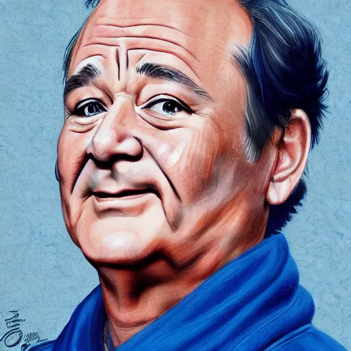 Image similar to bill murray, wearing kimono, by artgerm, cherry blossom falling, nagel