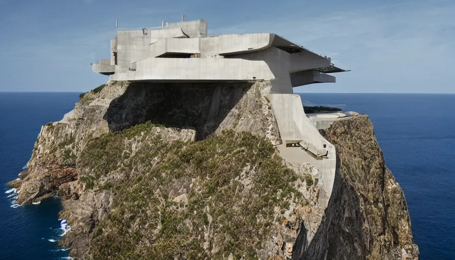 Image similar to big military base perched on a cliff overlooking a magnificient bay, laboratory, drawing architecture, science fiction, pritzker architecture prize, greig fraser