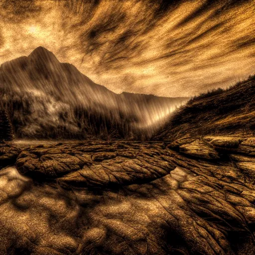 Prompt: stunning, beautiful, mountainous, rock, sand, smoke, amethyst, moss, stream, sepia highlights, high contrast, textured, light rays, hdr, 8 k, intricate, canon 5 5 0 d