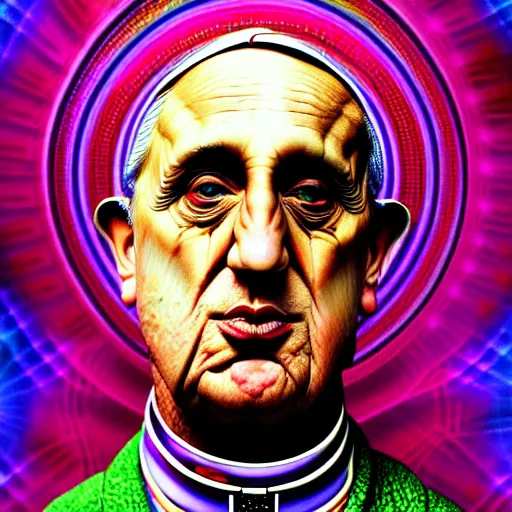 Image similar to an extremely psychedelic portrait of the pope, surreal, lsd, face, detailed, intricate, elegant, lithe, highly detailed, digital painting, artstation, concept art, smooth, sharp focus, illustration