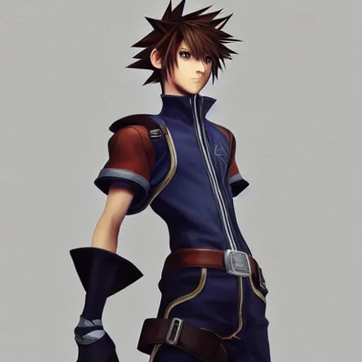 Image similar to a handsome slender wavy brown haired boy with blue eyes. kingdom hearts concept art. Square enix. Tetsuya Nomura. By Shigenori Soejima.