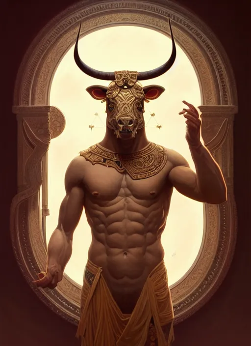 Image similar to symmetry!! portrait of minotaur, ancient greece, intricate, elegant, highly detailed, digital painting, artstation, concept art, smooth, sharp focus, illustration, art by artgerm and greg rutkowski and alphonse mucha, 8 k