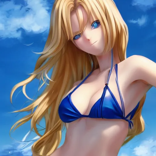 Image similar to a very beautiful young anime bar girl, full body, long wavy blond hair, sky blue eyes, full round face,, bikini, miniskirt, front view, mid - shot, highly detailed, cinematic wallpaper by stanley artgerm lau