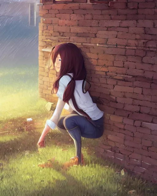 Image similar to ! dream a bricklayer girl making a brick wall on a farm, perfect shading, atmospheric lighting, by makoto shinkai, stanley artgerm lau, wlop, rossdraws