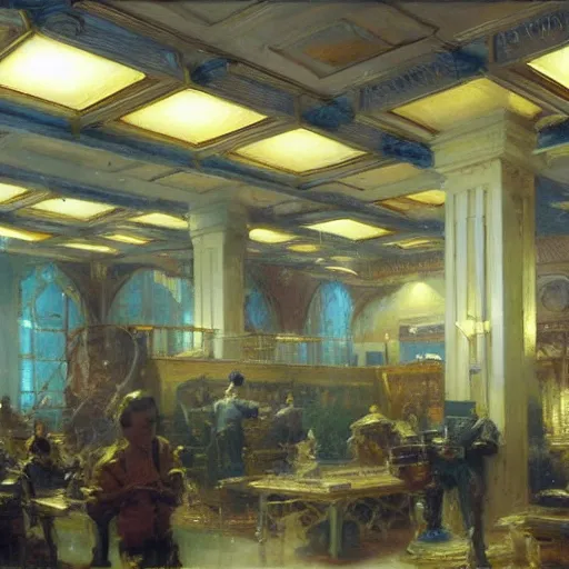 Image similar to detailed cinematic wide shot of sucession interior design corporate office spring light, painting by gaston bussiere, craig mullins, j. c. leyendecker