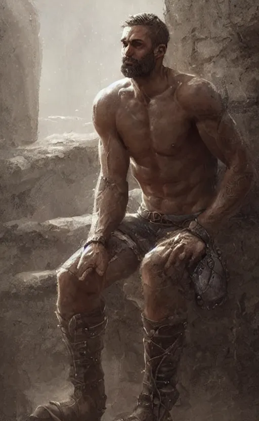 Image similar to Portrait of a rugged ranger sitting down, male, muscular, straight nose!!!, detailed face, handsome face, bare thighs!!!, simple clothing!!!!!, fantasy, medieval, highly detailed, cinematic lighting, digital art painting by greg rutkowski