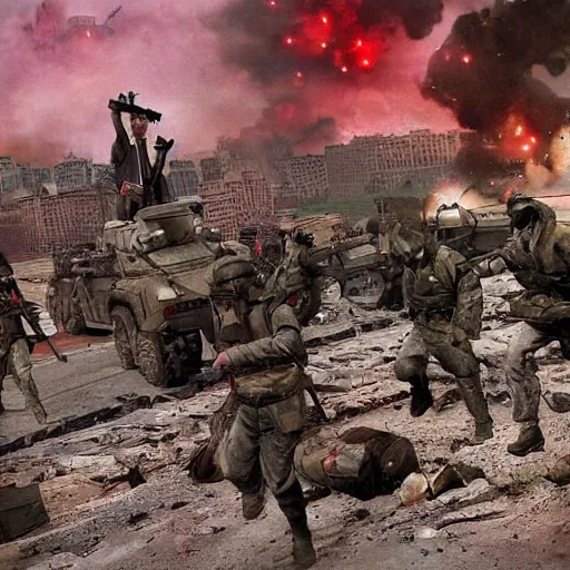 Image similar to The war between the Soviet Union and America, the action takes place in New York, far away against the background of the Statue of Liberty, a lot of soldiers and military equipment, a lot of explosions and tracer bullets, a lot of ruins, a very epic battle, The style of photography of the 80s, very detailed and detailed style