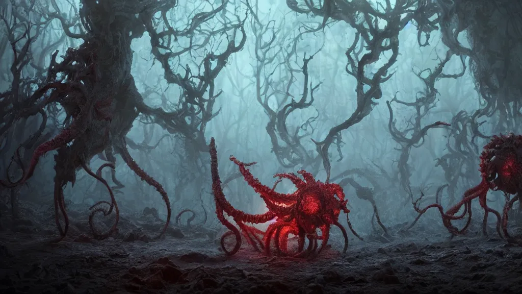 Prompt: Shub Niggurath. Hyper realistic, 8K, concept art, filmic, HDR, volumetric lighting, highly detailed, cinematic lighting, artstation, vibrant nature, volumetric light, octane render, redshift render, low angle camera, rich deep moody colors, ultra realistic