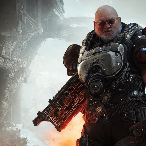 Prompt: george r. r. martin in gears of war destiny 2 overwatch witcher 3 god of war tomb raider cyberpunk 2 0 7 7 doom, highly detailed, extremely high quality, hd, 4 k, professional photographer, 4 0 mp, lifelike, top - rated, award winning, realistic, detailed lighting, detailed shadows, sharp, edited, corrected, trending