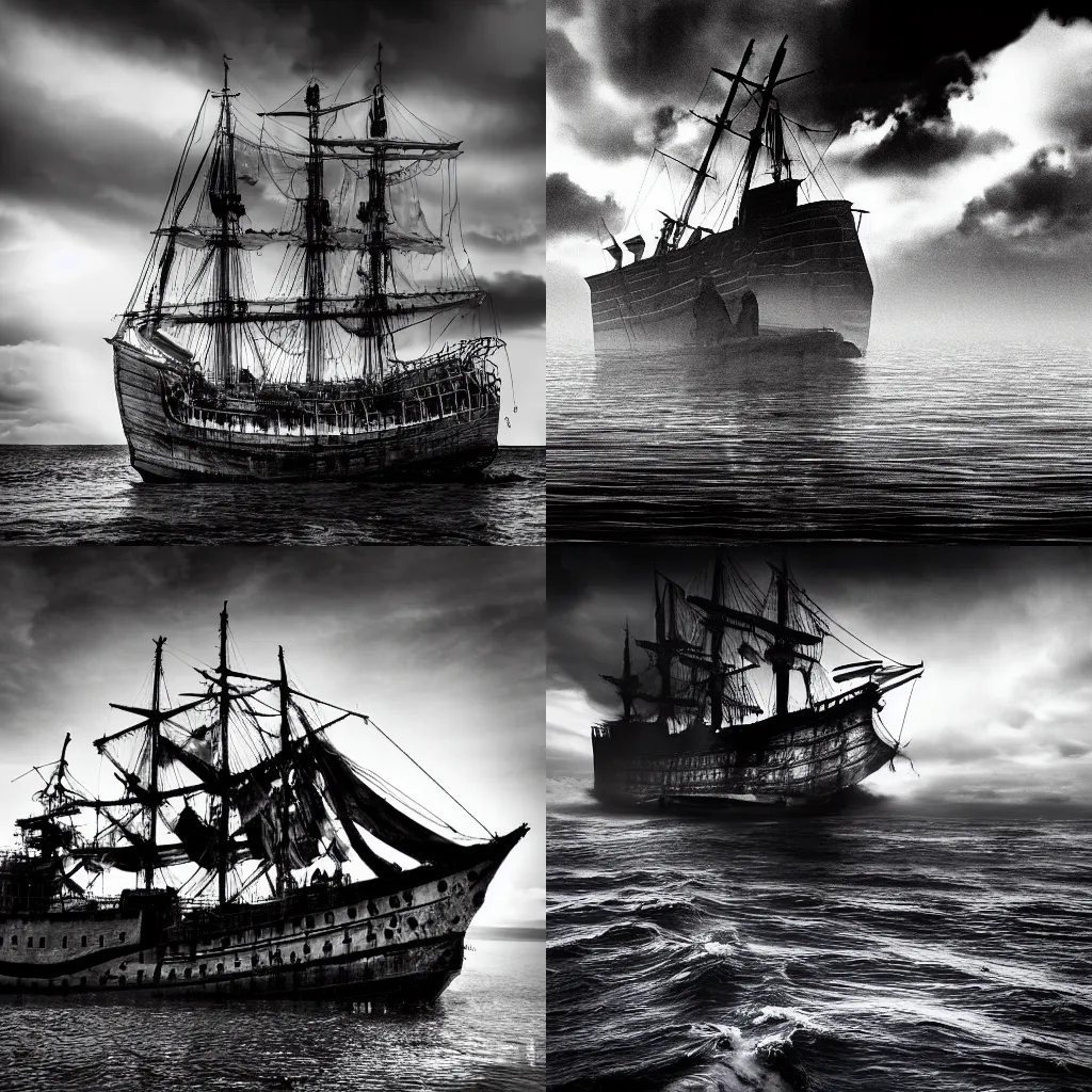 Prompt: black and white photo of a ghost ship, high detail, beautiful composition, amazing dramatic lighting