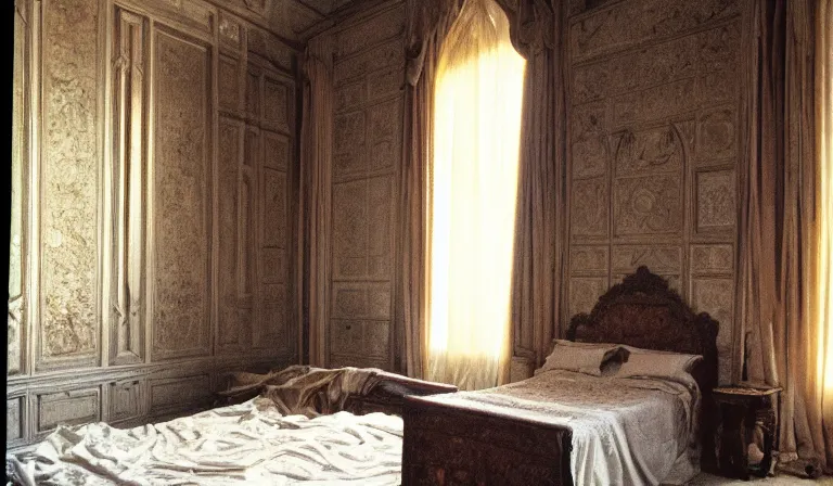 Image similar to A bedroom designed by Donatello, 35mm film, long shot