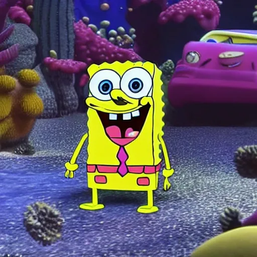 Image similar to SpongeBob comes flying out of the ocean as a result of the demolition derby, once again briefly seen in his live-action sponge form, Realistic, HDR, HDD, Unreal Engine 5, Real Event