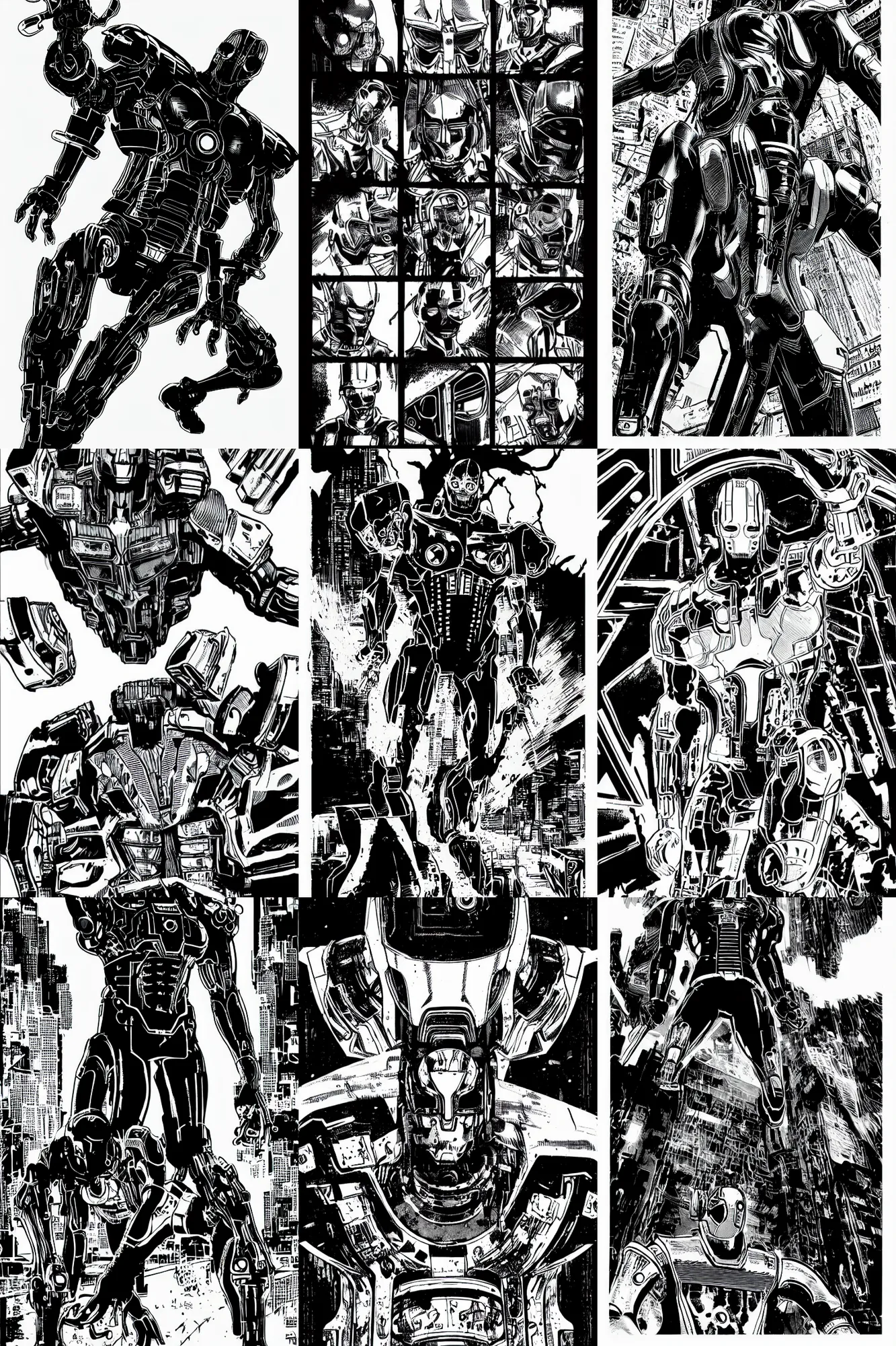 Image similar to ultron, a page from cyberpunk 2 0 2 0, style of paolo parente, style of mike jackson, 1 9 9 0 s comic book style, white background, ink drawing, black and white