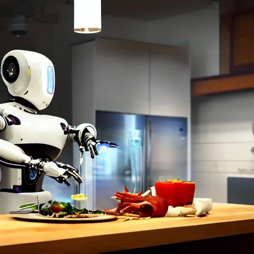 Image similar to a robot preparing a meal in a kitchen, cyberpunk, sci-fi, coherent like Dall-E 2