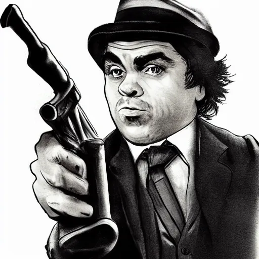 Image similar to a movie poster for a movie about al capone who is played by peter dinklage, based in chicago, gangster, painting, prohibition era, yugioh, photograph, pencil, sketch, text, signature, watermark