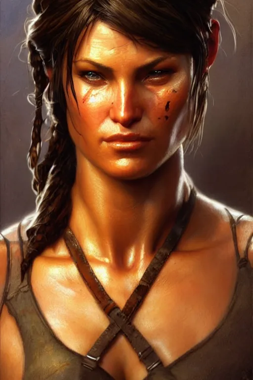 Prompt: muscular sweat lara croft, face close up, exhausted, highly detailed painting by gaston bussiere, craig mullins, j. c. leyendecker 8 k