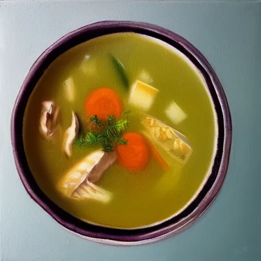 Prompt: fish soup, minimalistic oil painting instagram, backlighting