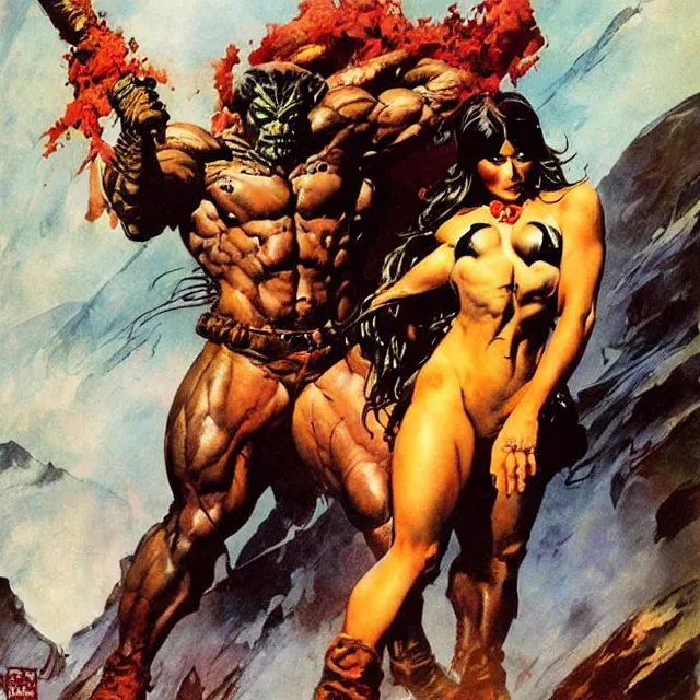 Image similar to artwork by frank frazetta