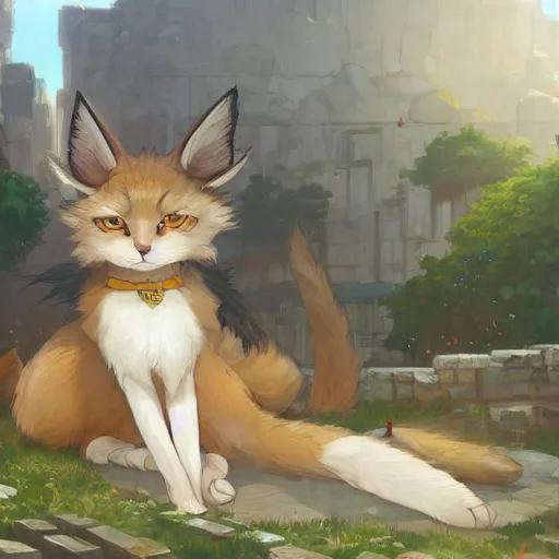 Prompt: a digital art of cute fluffy anthropomorphic caracal wearing toga, ancient greek city, sunny day, by greg rutkowski and makoto shinkai, krenz cushart and mucha and akihito yoshida and, long shot, back lighting, detailed, 4 k resolution, trending on art station