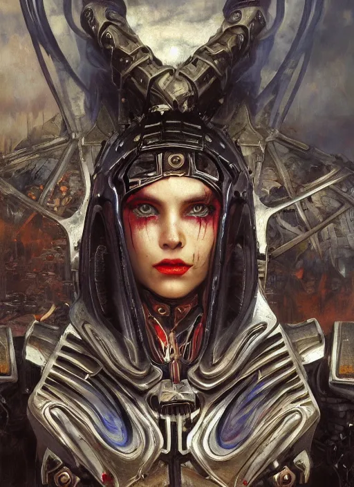 Prompt: symmetry! closeup middle biblical diabolical pirate cyborg girl! stylish armor, heavy eyes to the side, closeup, bright glowing eyes, in clouds, rain, sunset, portrait, by gerald brom, by mikhail vrubel, by peter elson, muted colors, extreme detail, mirrors, trending on artstation, 8 k