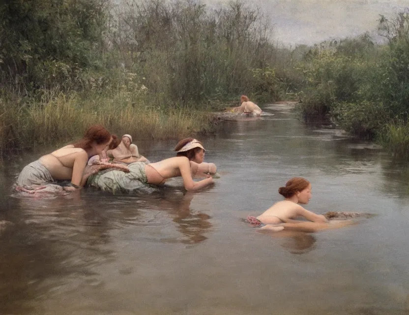 Image similar to peasant girls swimming in a river, cottage core, cinematic focus, polaroid photo bleached vintage pastel colors high - key lighting, soft lights, foggy, by steve hanks, by lisa yuskavage, by serov valentin, by tarkovsky, 8 k render, detailed, oil on canvas