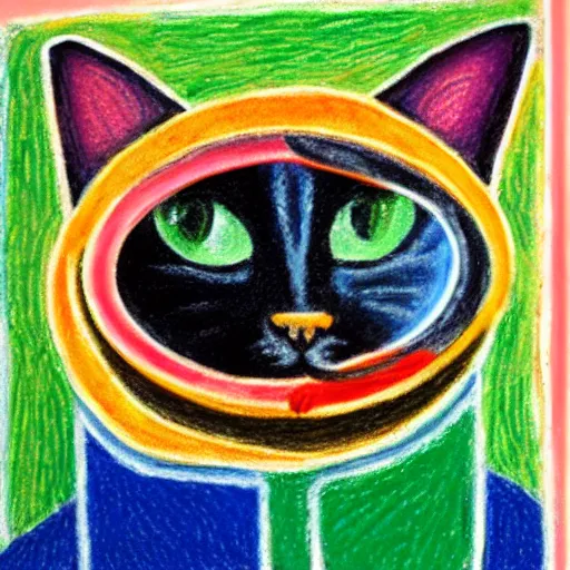 Prompt: an oil pastel painting of an annoyed cat in a spaceship