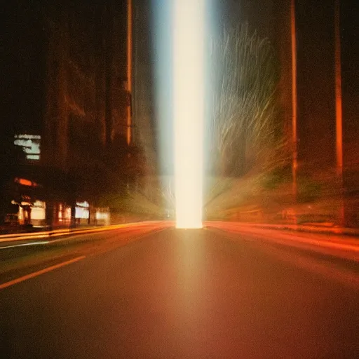 Image similar to long exposure night lansdscapes, 5 seconds shutter, Cinestill 800T