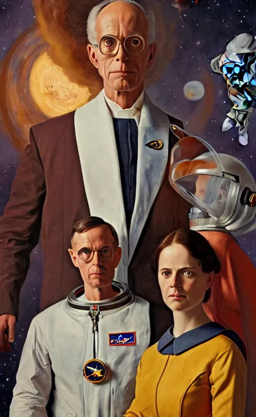 Prompt: super super super epic cinematic shot of an astronaut couple, American Gothic style, 8k scene, digital art, drawn by j.c. leyendecker, amazing quality