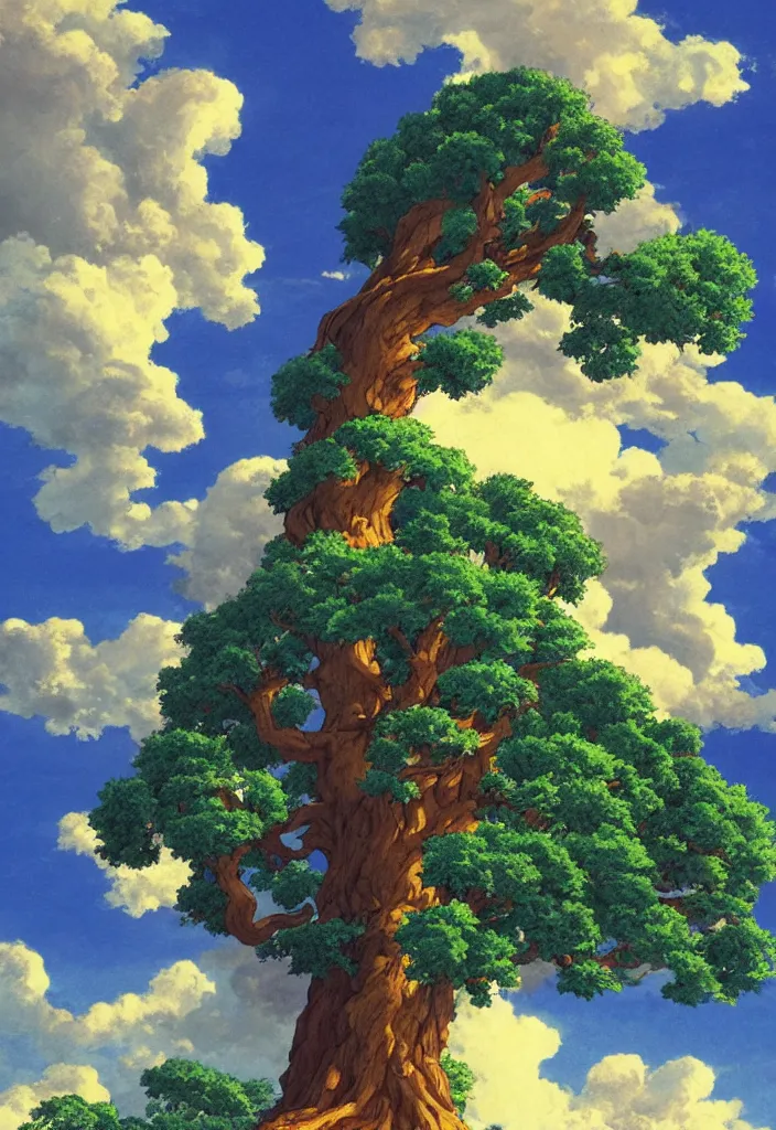 Prompt: a gigantic oak reaching the sky, detailed clouds, sunbeams, heavenly color scheme, studio ghibli scheme