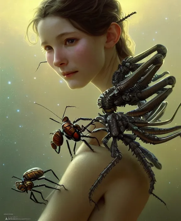 Image similar to portrait of a alien insect, adorable, childlike, milky way environment, ultra realistic, concept art, intricate details, cheerful, highly detailed, photorealistic, octane render, 8 k, unreal engine. art by artgerm and hr giger and greg rutkowski and alphonse mucha