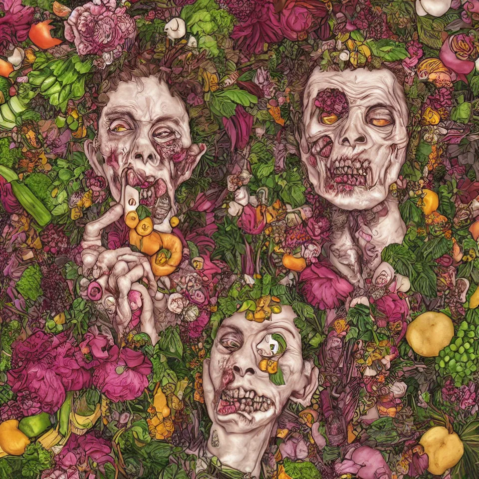 Prompt: hyper-detailed single portrait of a zombie straightedge punk made out of fruits, vegetables and large flowers in the Baroque style of Arcimboldo, crystalline skin, cinematic lighting, cartoonish, Studio Ghibli, dull pink background,