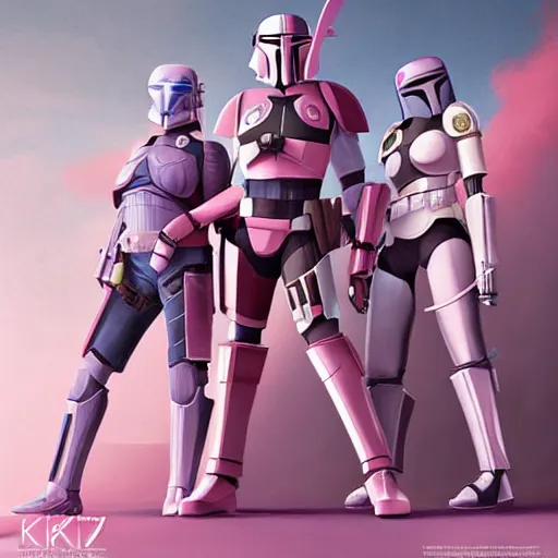 Image similar to bo katan, koska reeves, and a very fancy female mandalorian in a pink suit and bedazzled helmet. digital art. photo realistic. 4 k. intricate. detailed. by krenz cush art simon fetscher.