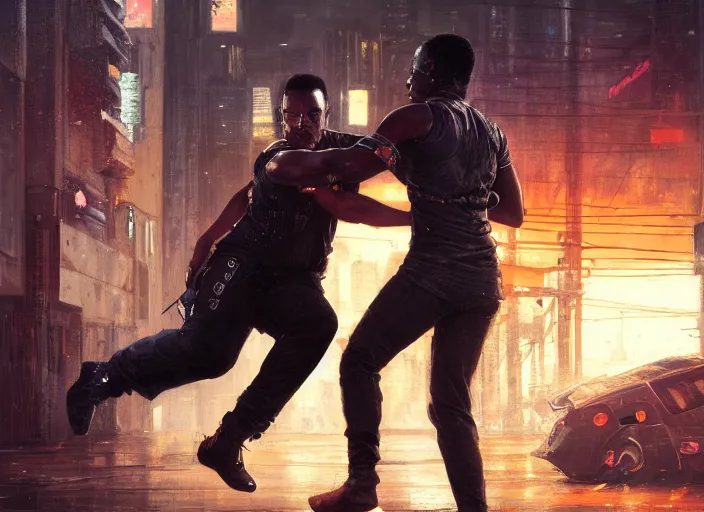 Prompt: chidi demonstrates skills in cyberpunk jujitsu match ( blade runner 2 0 4 9, dystopian, cyberpunk 2 0 7 7 character design ). orientalist portrait by john william waterhouse and james gurney and theodore ralli and nasreddine dinet, oil on canvas. cinematic, hyper realism, realistic proportions, dramatic lighting, high detail 4 k