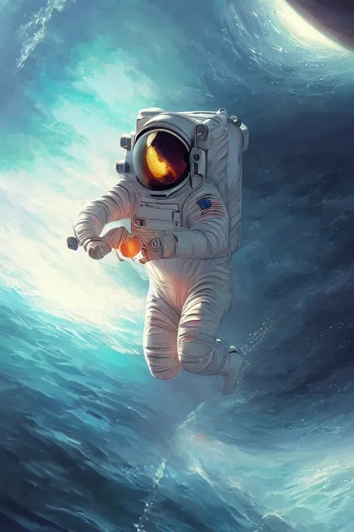 Image similar to astronaut lost in the ocean, space themed, highly detailed, digital painting, artstation, concept art, smooth, sharp focus, illustration, art by artgerm and greg rutkowski