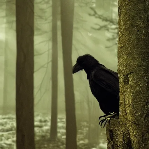 Prompt: !!!!!! werecreature consisting of a crow and a human, photograph captured in a dark forest