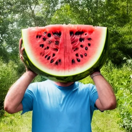 Prompt: A man tries to swallow a large watermelon whole,