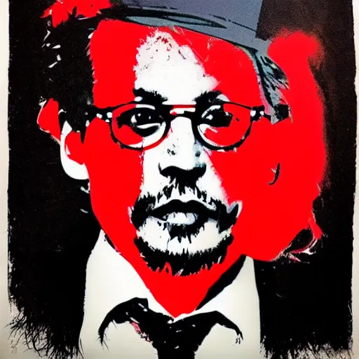 Prompt: johnny depp in a suit and tie with a creepy face, a screenprint by warhol, reddit contest winner, antipodeans, hellish, anaglyph filter, hellish background