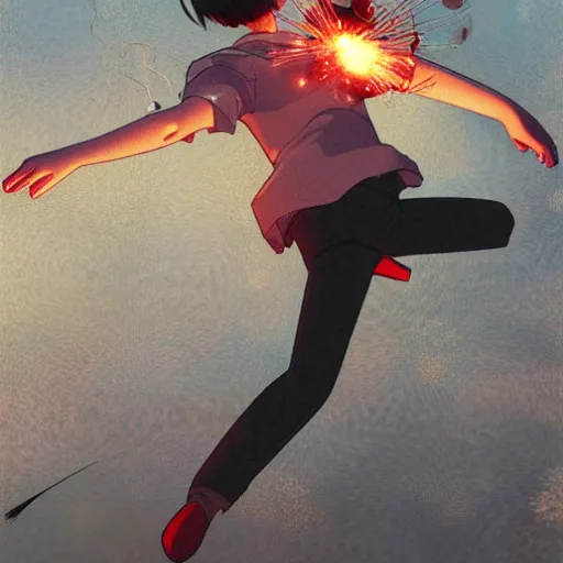 Image similar to a korean woman jumping over a campfire by ilya kuvshinov katsuhiro otomo